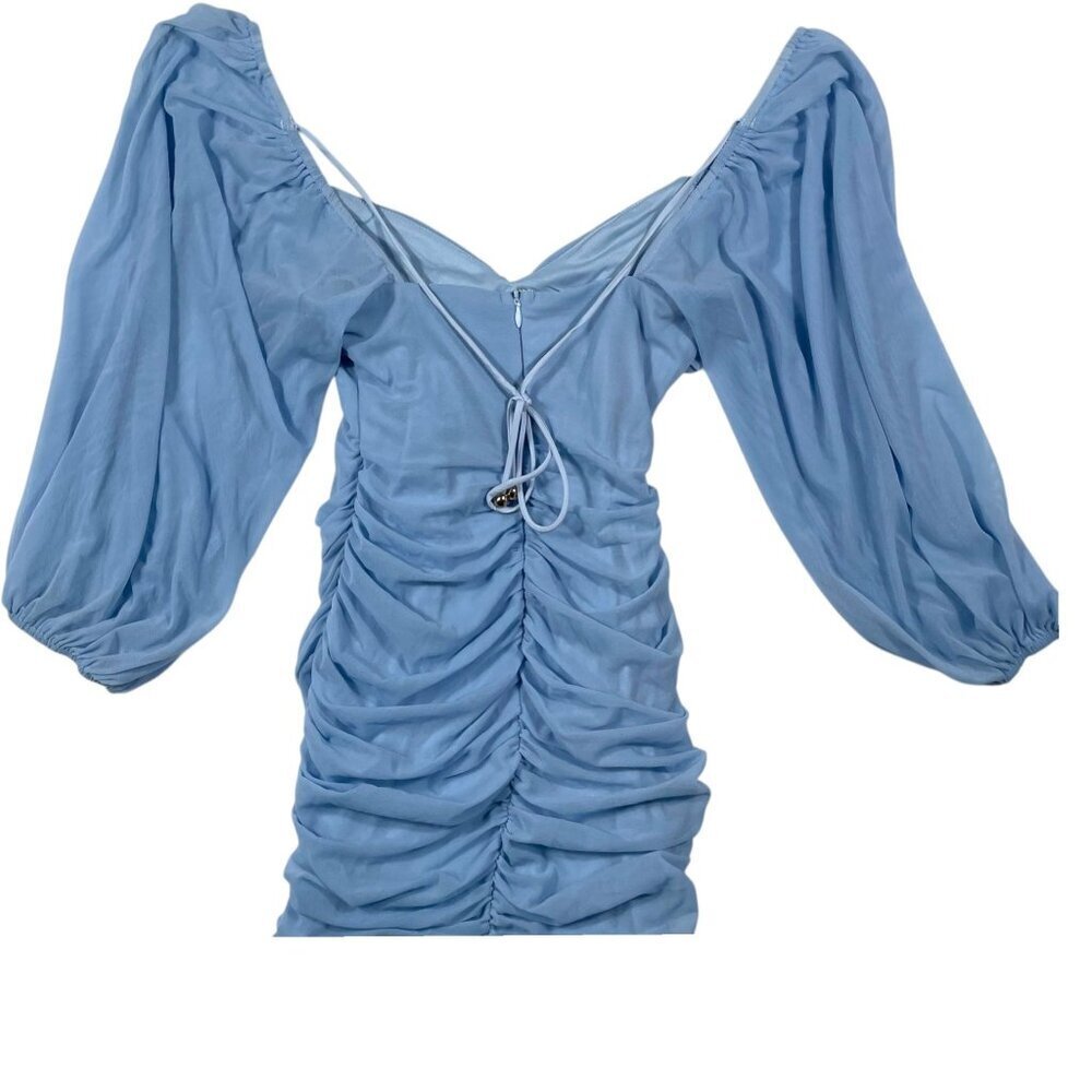 NWT Selfie Leslie Blue Ruched Off-The-Shoulder Mesh Long Sleeve Mini Dress XS - Picture 5 of 8